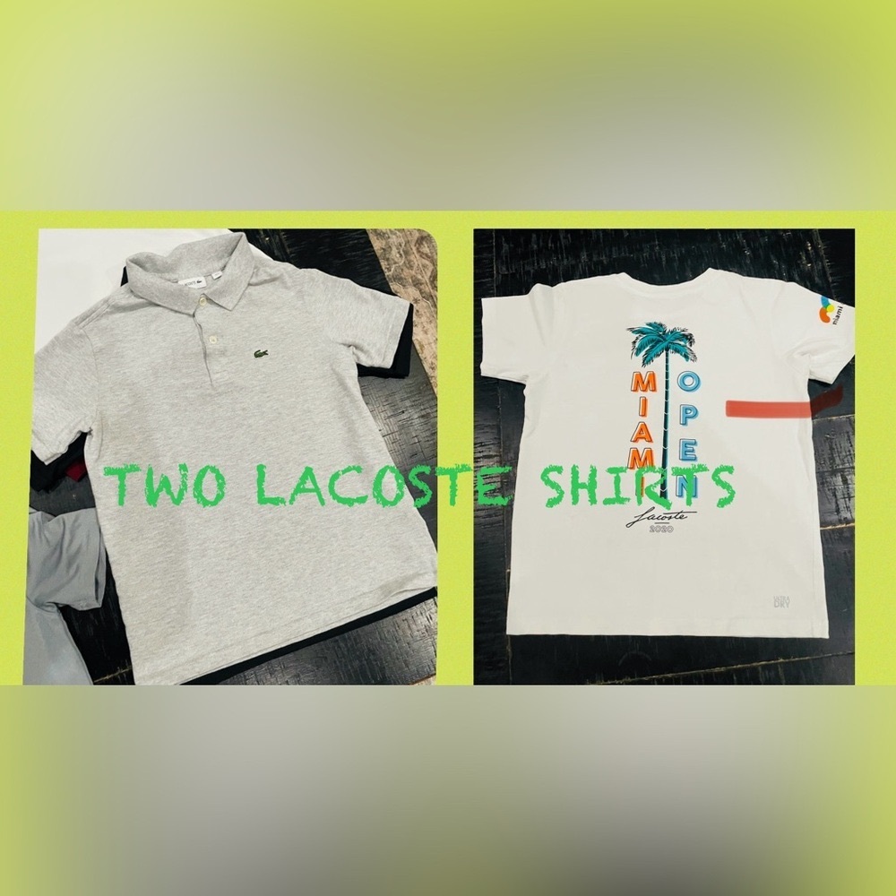 Lacoste polo light gray, size 10, 2nd tee has threading loose in side. Easy fix